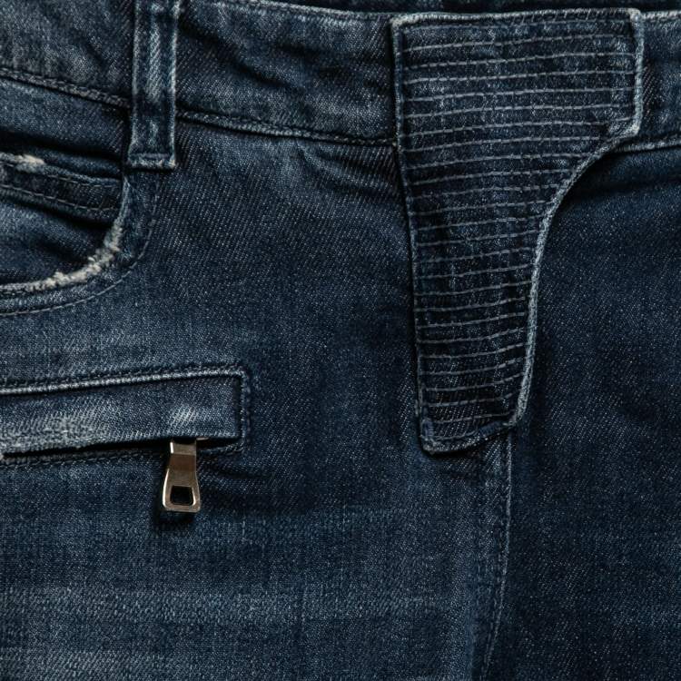 Pre Owned Balmain Blue Distressed Denim Skinny Biker Jeans S