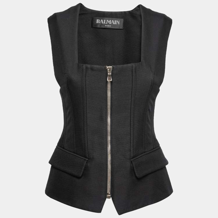 Pre Owned Balmain Black Knit Pocket Detail Zip Front Sleeveless Jacket M