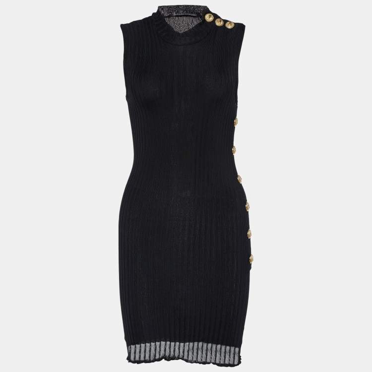 مملوكة مسبقًا Balmain Black Jersey Gold Button Detail Dress S