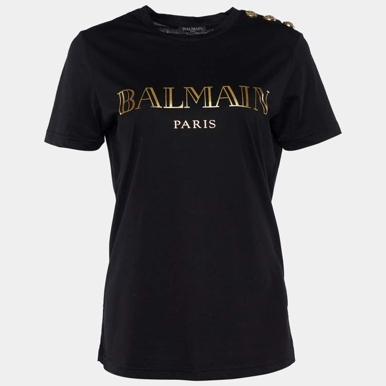 Pre Owned Balmain Black Logo Print Cotton Button Detail Crew Neck T-Shirt S