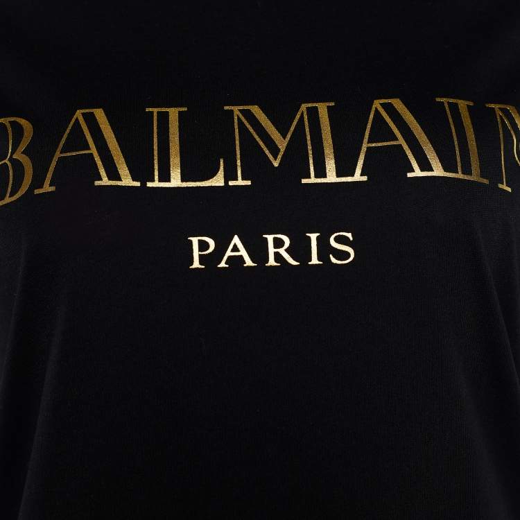Pre Owned Balmain Black Logo Print Cotton Button Detail Crew Neck T-Shirt S