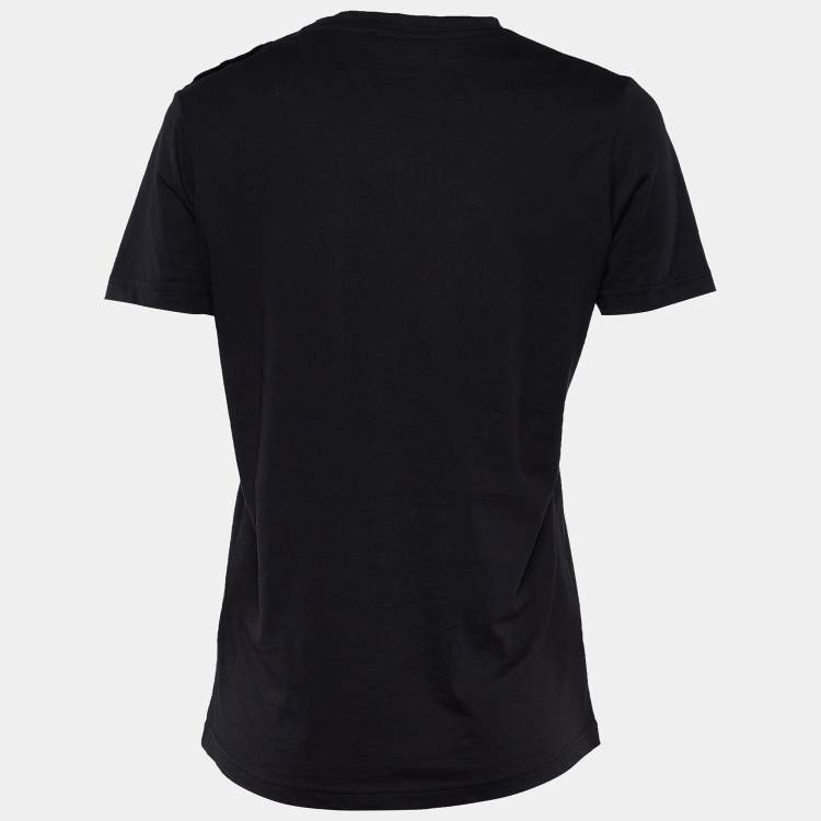 Pre Owned Balmain Black Logo Print Cotton Button Detail Crew Neck T-Shirt S