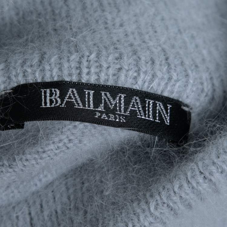 Pre Owned Balmain Blue Angora Turtle Neck Cropped Sweater M