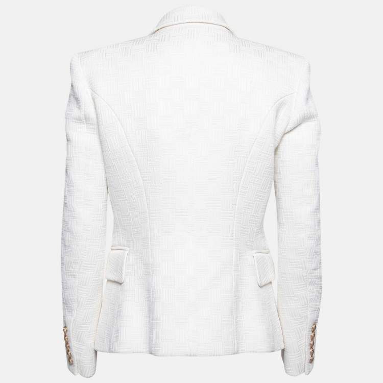 Pre Owned Balmain White Textured Knit Double Breasted Blazer M