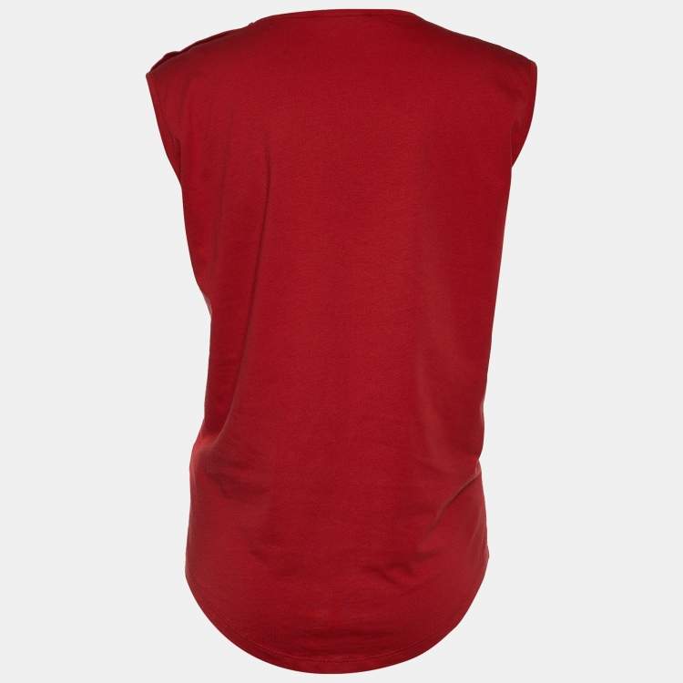 Pre Owned Balmain Red Logo Print Cotton Button Detail Sleeveless T-Shirt M