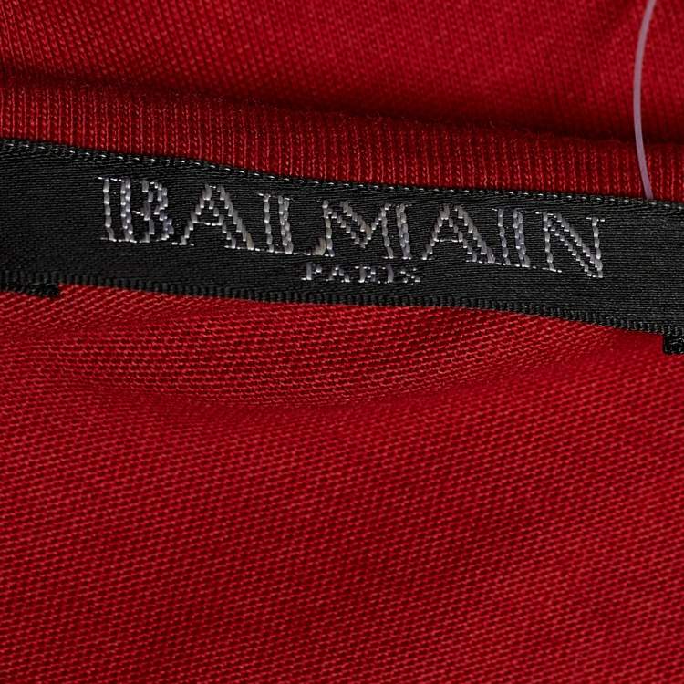 Pre Owned Balmain Red Logo Print Cotton Button Detail Sleeveless T-Shirt M