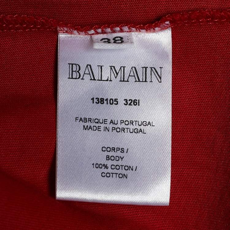Pre Owned Balmain Red Logo Print Cotton Button Detail Sleeveless T-Shirt M