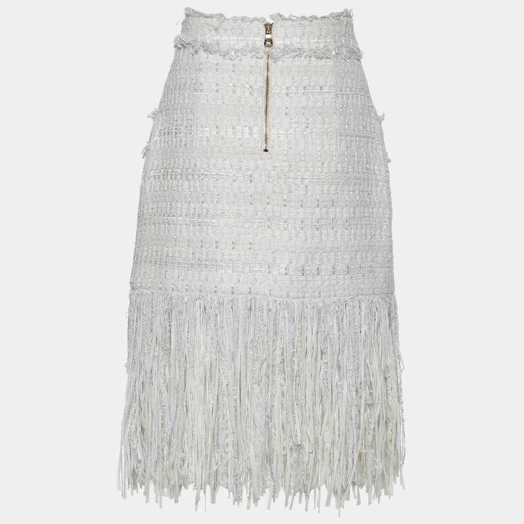 Pre Owned Balmain White Bouclé Tweed Fringed Skirt M