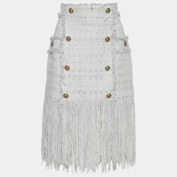 Pre Owned Balmain White Bouclé Tweed Fringed Skirt M