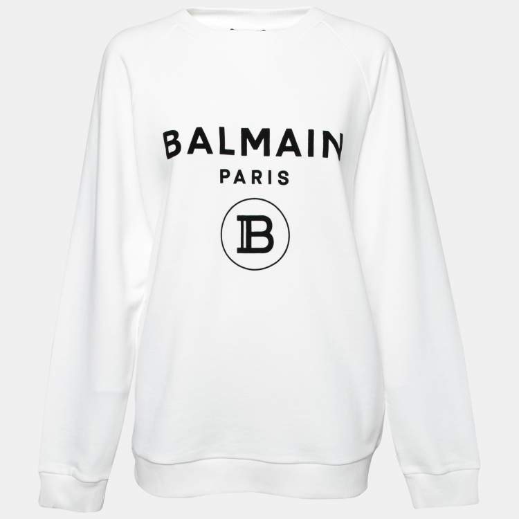 Pre Owned Balmain White Rib Knit Logo Print Raglan Sleeve Sweatshirt M