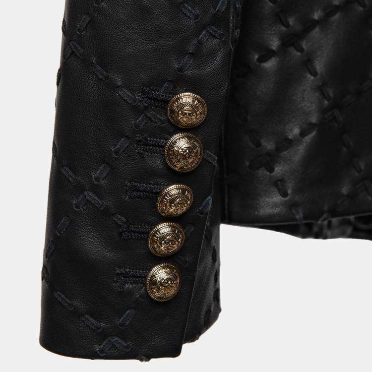 Pre Owned Balmain Threaded Leather Double Breasted Blazer S (FR 36)