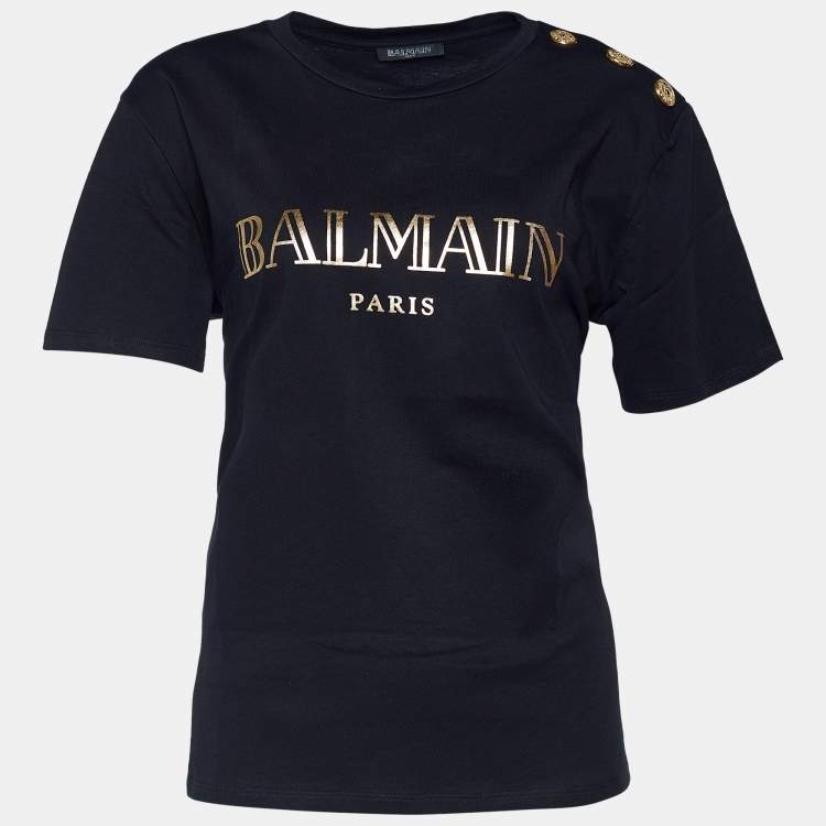 Balmain Black Cotton Jersey Crest Button Detail T Shirt L Balmain TLC