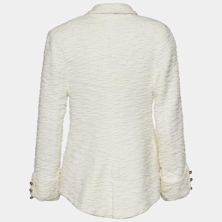 Pre Owned Balmain Ivory Cotton & Linen Tweed Double Breasted Blazer L
