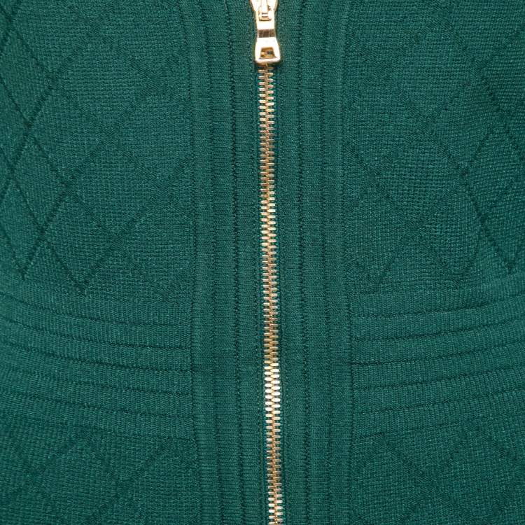 Pre Owned Balmain Green Intarsia Knit Zip Front Bodycon Dress S
