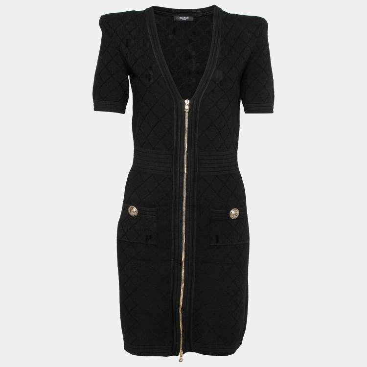 Pre Owned Balmain Black Intarsia Knit Zip Front Bodycon Dress S