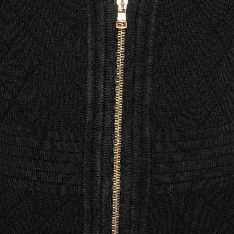 Pre Owned Balmain Black Intarsia Knit Zip Front Bodycon Dress S