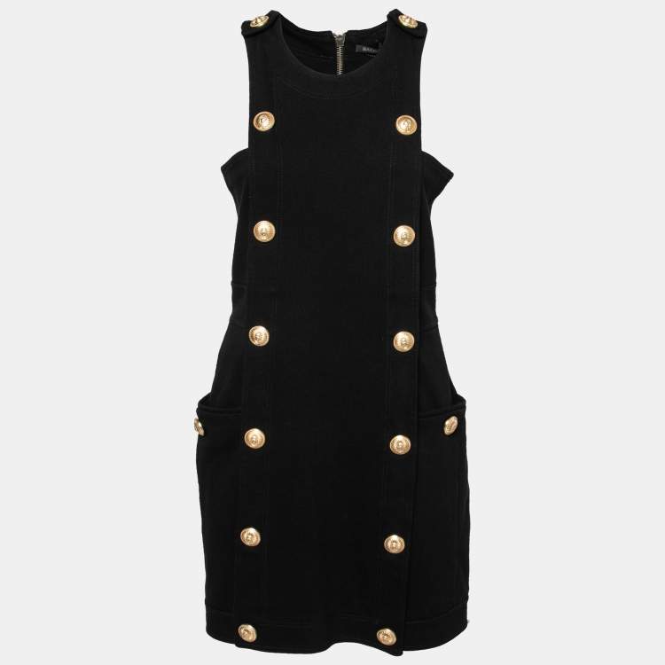 Pre Owned Balmain Black Button-Embellished Stretch-Knit Mini Dress L  