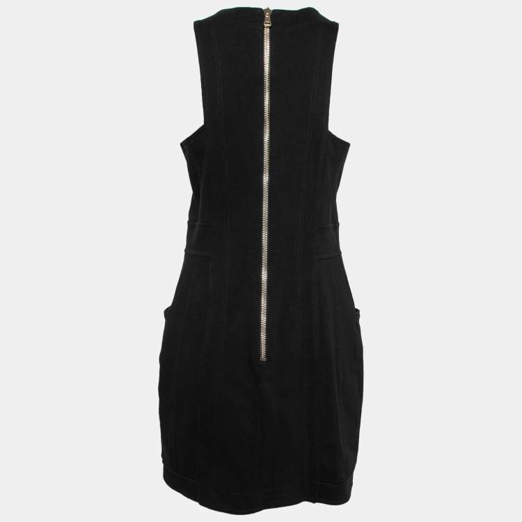 Pre Owned Balmain Black Button-Embellished Stretch-Knit Mini Dress L  