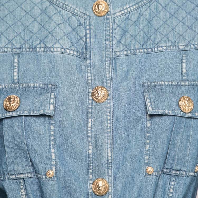 Pre Owned Balmain Blue Stonewashed Denim Quilted Dress L 