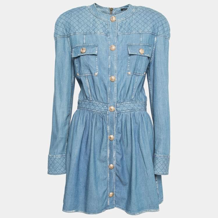 Pre Owned Balmain Blue Stonewashed Denim Quilted Dress L 