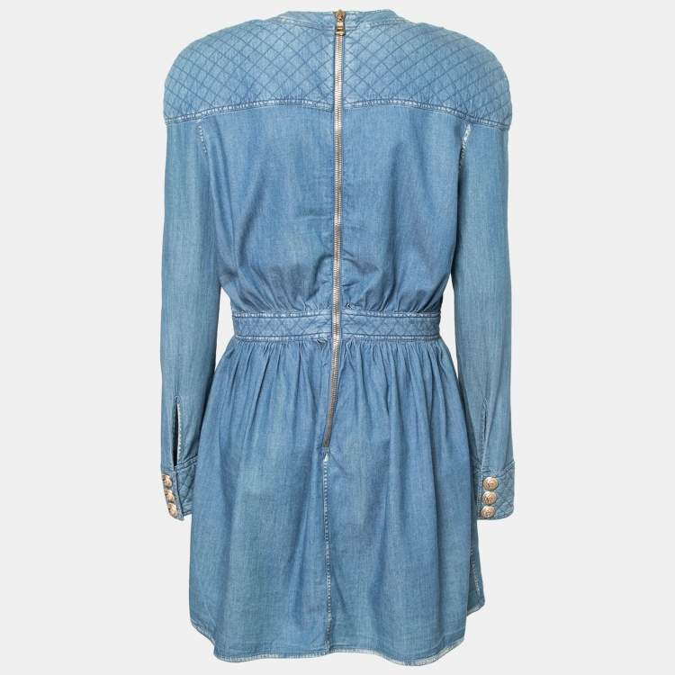 Pre Owned Balmain Blue Stonewashed Denim Quilted Dress L 