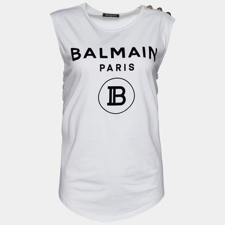 Pre Owned Balmain White Logo Print Cotton Button Detail Tank Top M