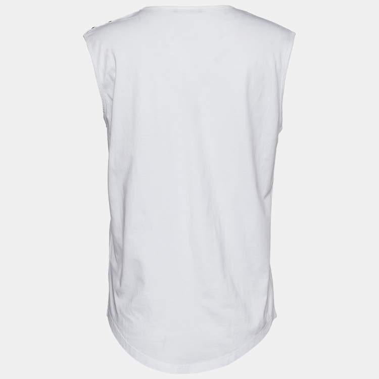 Pre Owned Balmain White Logo Print Cotton Button Detail Tank Top M