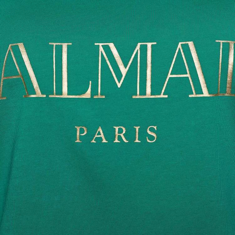 Pre Owned Balmain Green Logo Print Cotton Button Detail Tank Top L