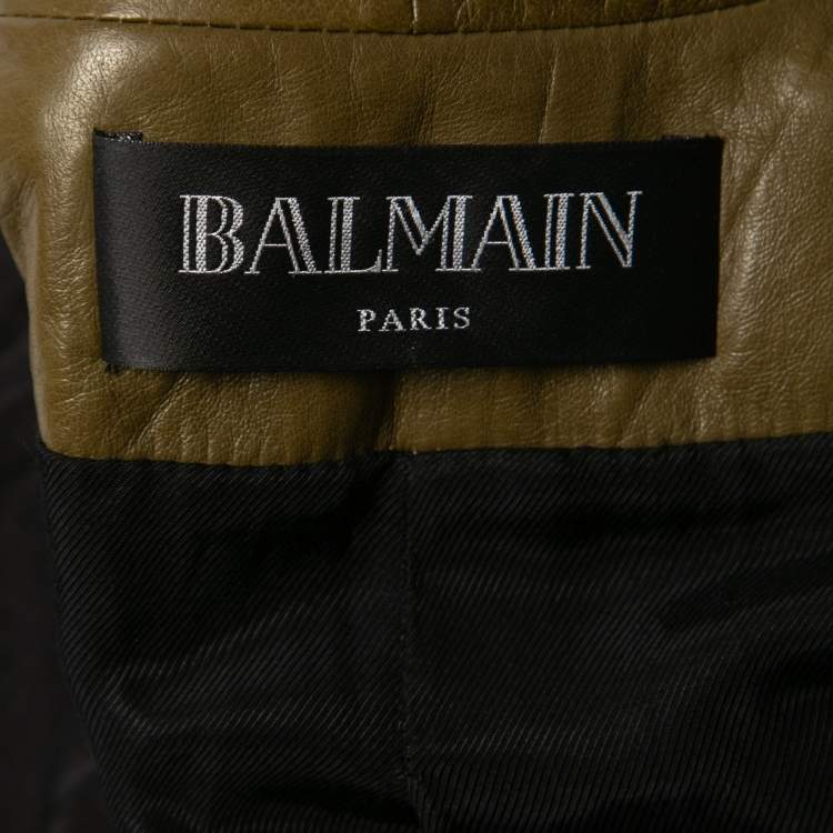 Pre Owned Balmain Olive Green Leather Pocketed Draped Leather Jacket L