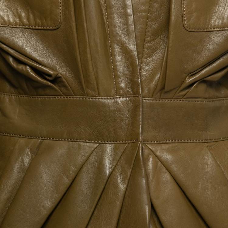 Pre Owned Balmain Olive Green Leather Pocketed Draped Leather Jacket L