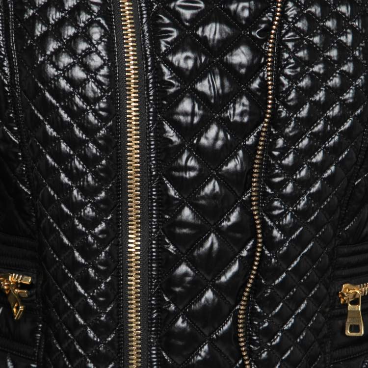 Pre Owned Balmain Black Synthetic Gold Zipper Detail Quilted Jacket M