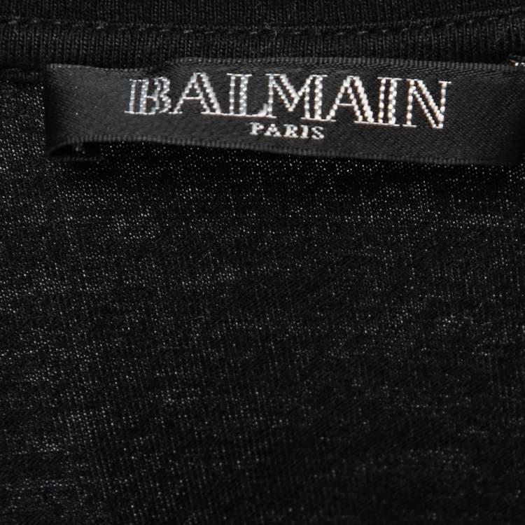 Pre Owned Balmain Black Pearl & Rhinestone Embellished Cotton T-Shirt M