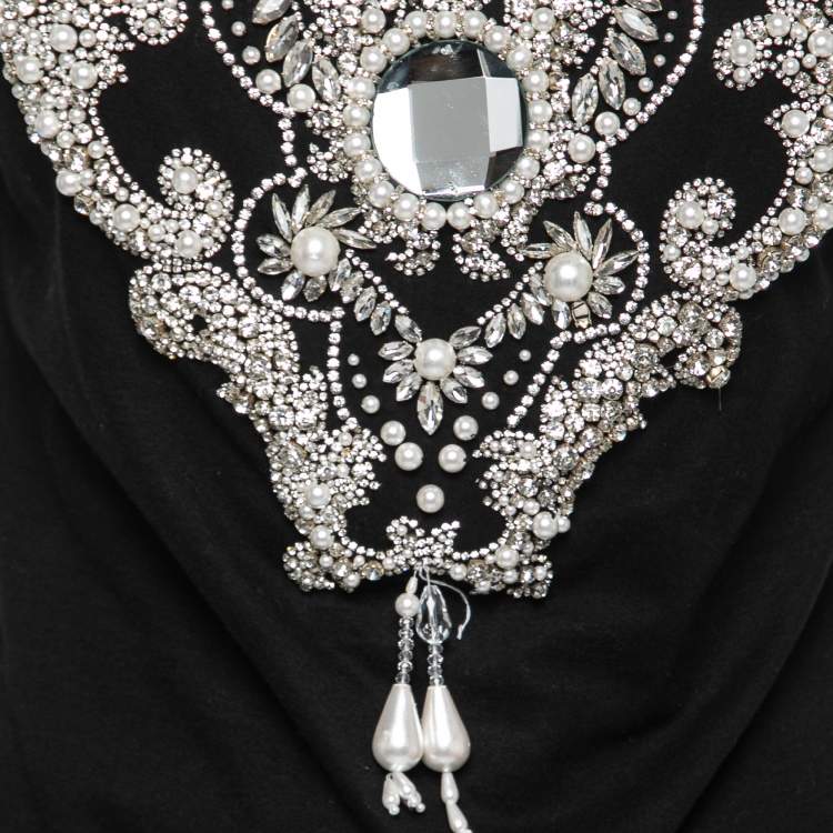 Pre Owned Balmain Black Pearl & Rhinestone Embellished Cotton T-Shirt M