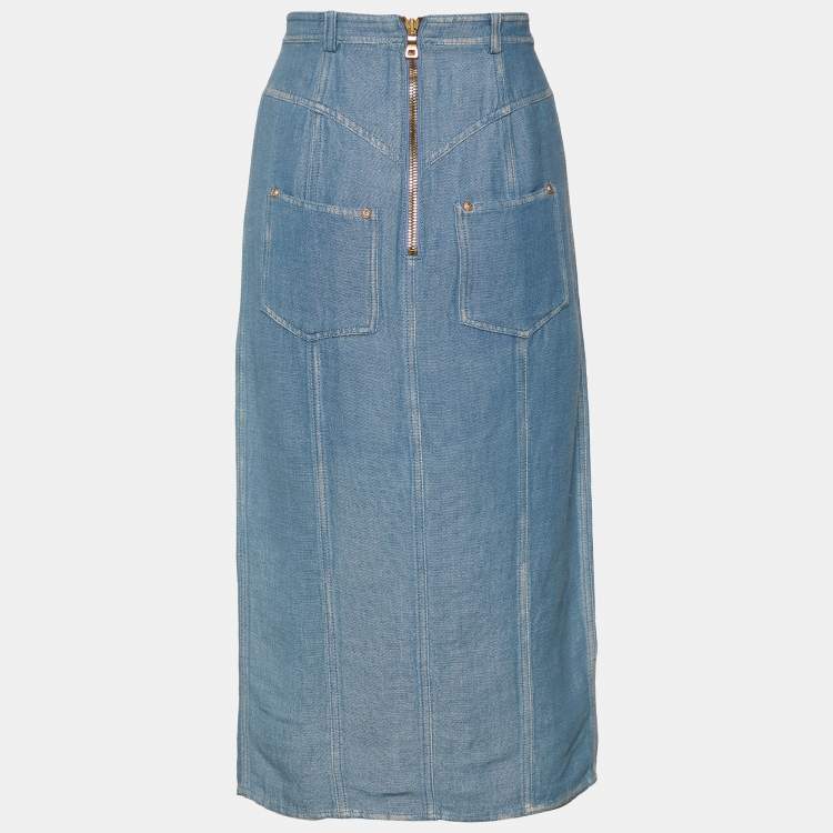 Pre Owned Balmain Blue Denim Effect Cotton & Linen Midi Skirt M