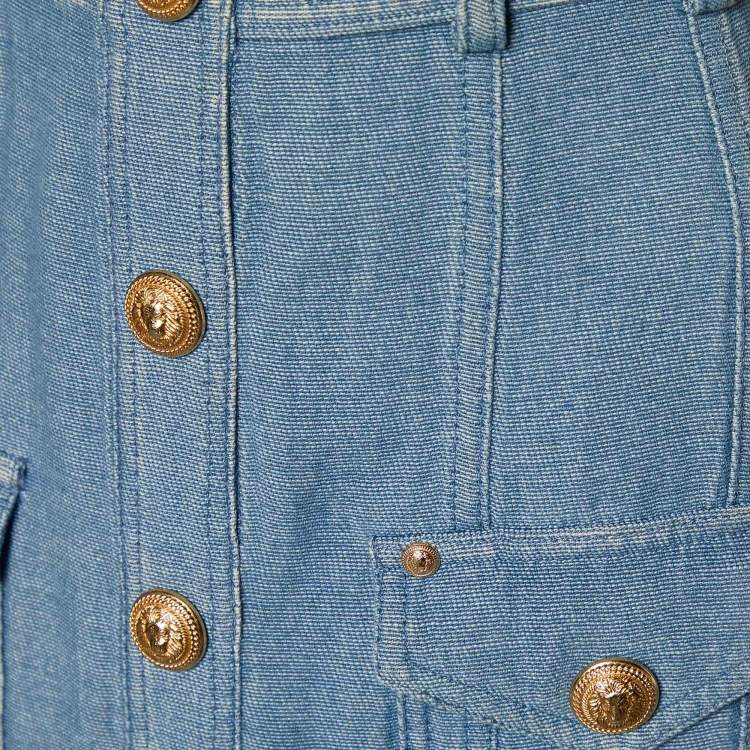 Pre Owned Balmain Blue Denim Effect Cotton & Linen Midi Skirt M