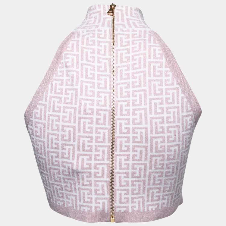 Pre Owned Balmain Pink Jacquard Lurex Knit Mock Neck Crop Top L