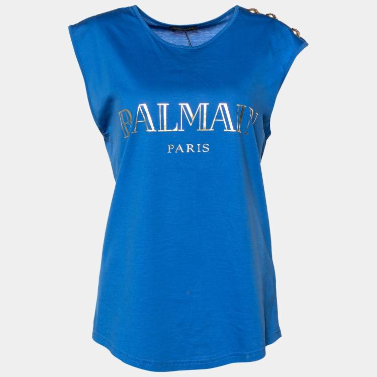 Pre Owned Balmain Blue Jersey Button Detail Sleeveless Top M