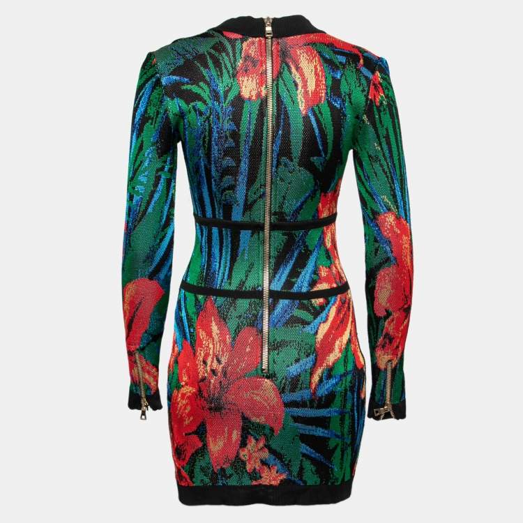 Pre Owned Balmain Multicolor Floral Jacquard Knit Long Sleeve Dress S