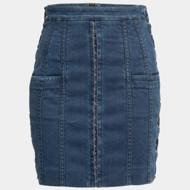 Pre Owned Balmain Blue Denim Side-Lace Detail Mini Skirt M
