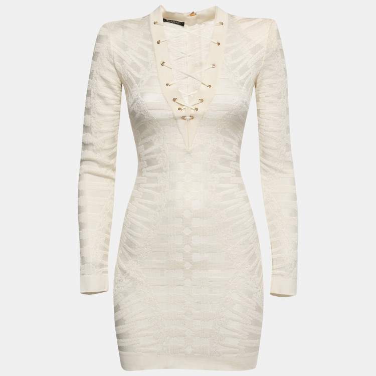 Pre Owned Balmain Cream Jacquard Stretch Knit Lace-Up Detail Bodycon Dress S