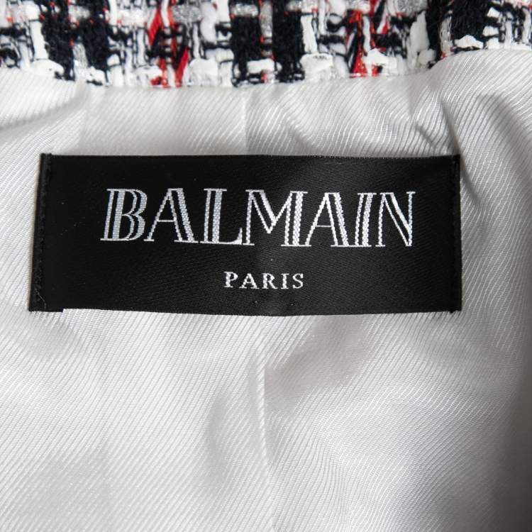 Pre Owned Balmain Black & Red Tweed Button Embellished Jacket M