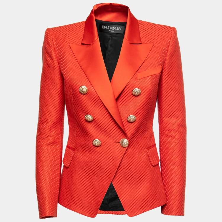 Pre Owned Balmain Red Jacquard Double-Breasted Blazer M
