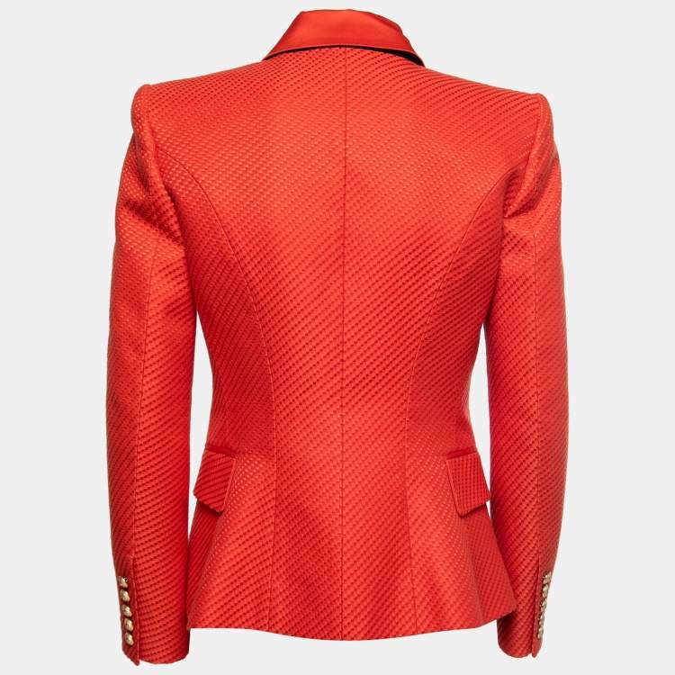 Pre Owned Balmain Red Jacquard Double-Breasted Blazer M