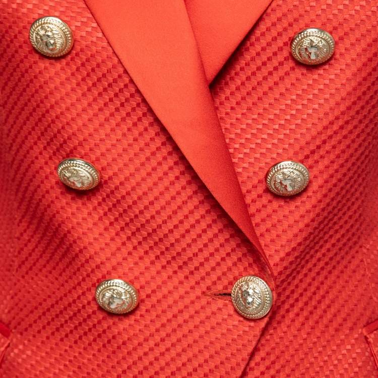 Pre Owned Balmain Red Jacquard Double-Breasted Blazer M