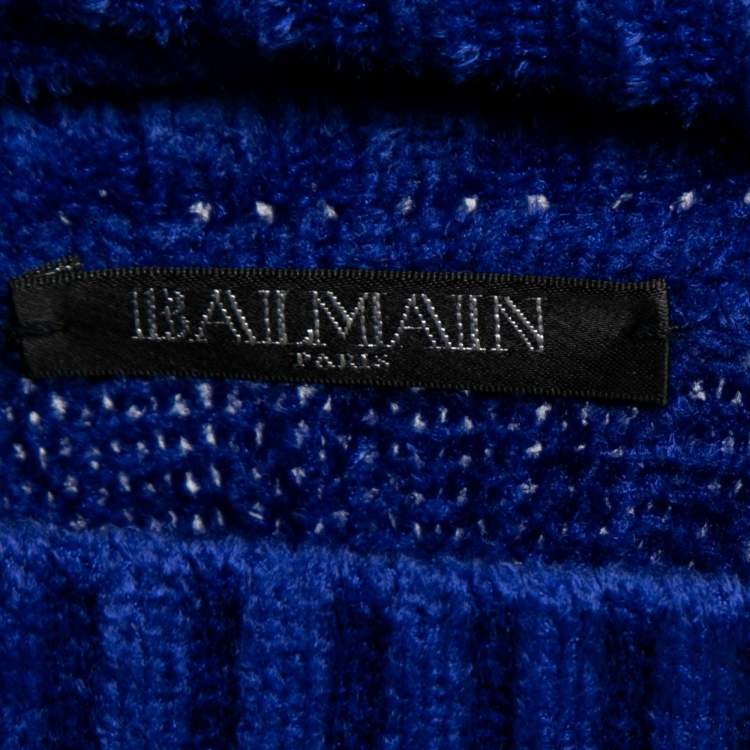 Pre Owned Balmain Blue Knit Button Embellished Turtleneck Sweater Dress M