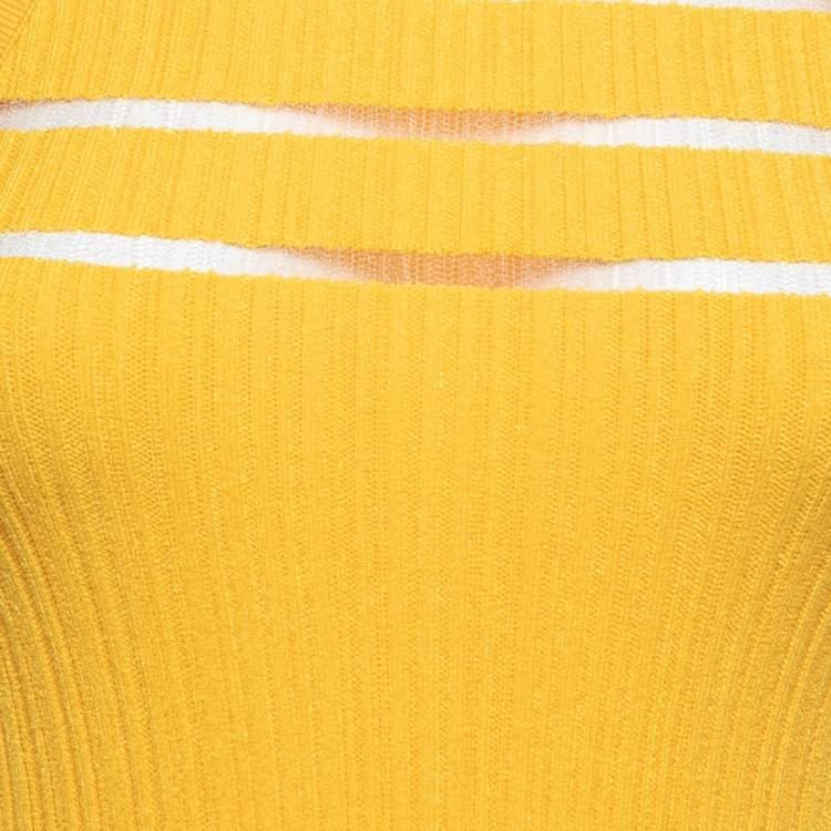Pre Owned Balmain Yellow Rib Knit & Mesh Inset Short Sleeve Bodycon Dress S