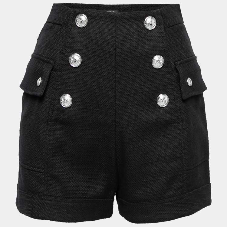 Pre Owned Balmain Black Canvas Button Embellished High-Waist Shorts S