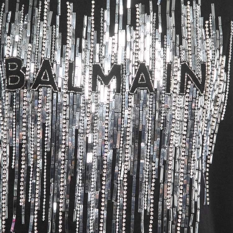 Pre Owned Balmain Black Cotton Logo Embroidered Embellished T-Shirt M