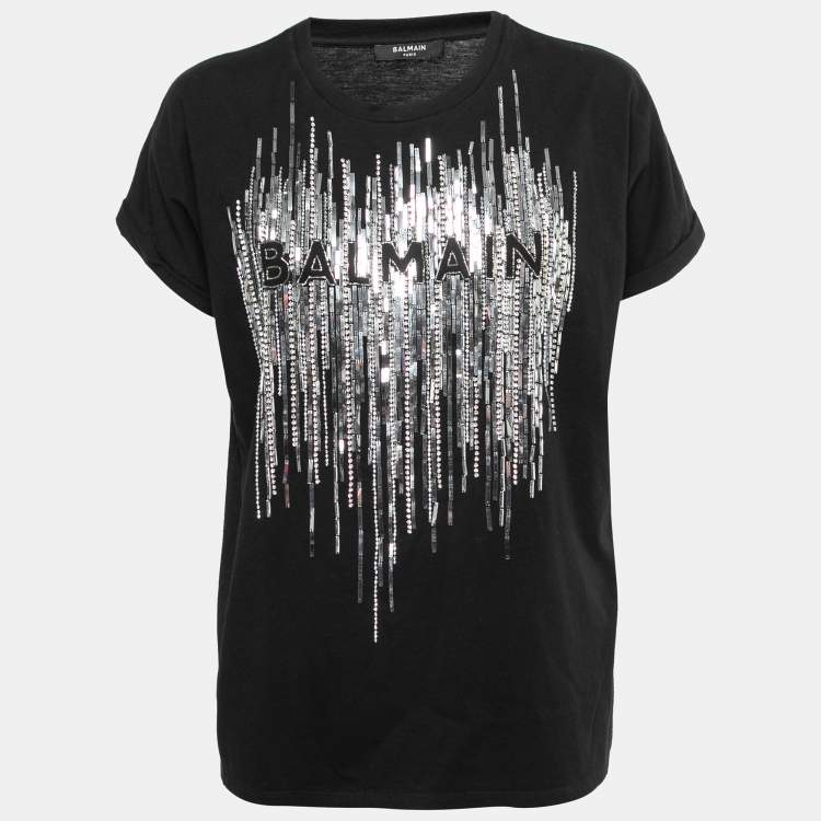 Pre Owned Balmain Black Cotton Logo Embroidered Embellished T-Shirt M