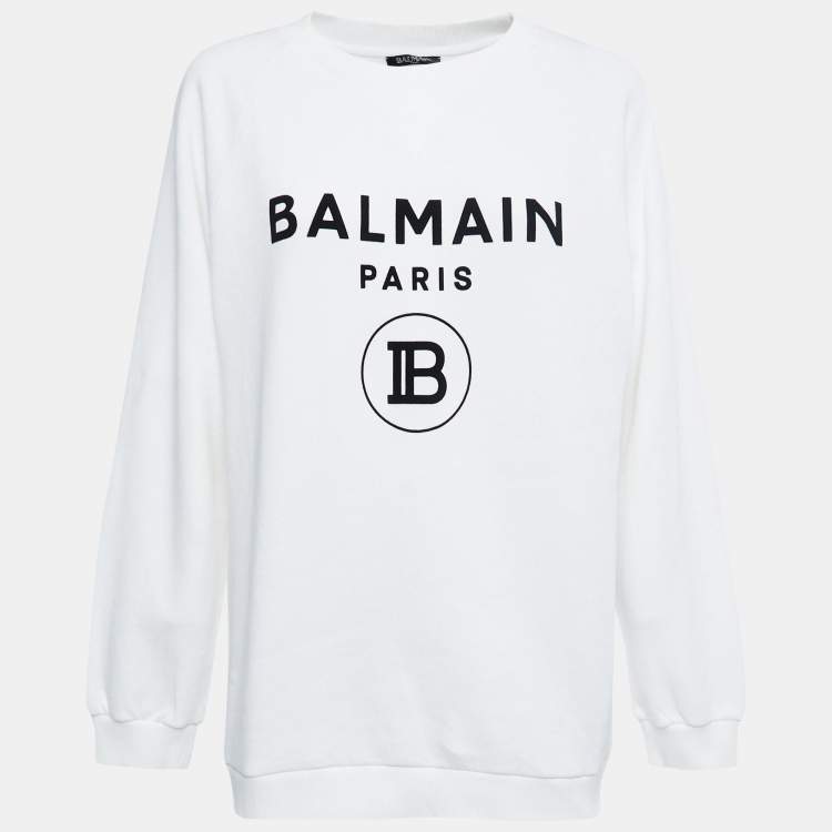 Pre Owned Balmain White Rib Knit Logo Print Raglan Sleeve Sweatshirt L
